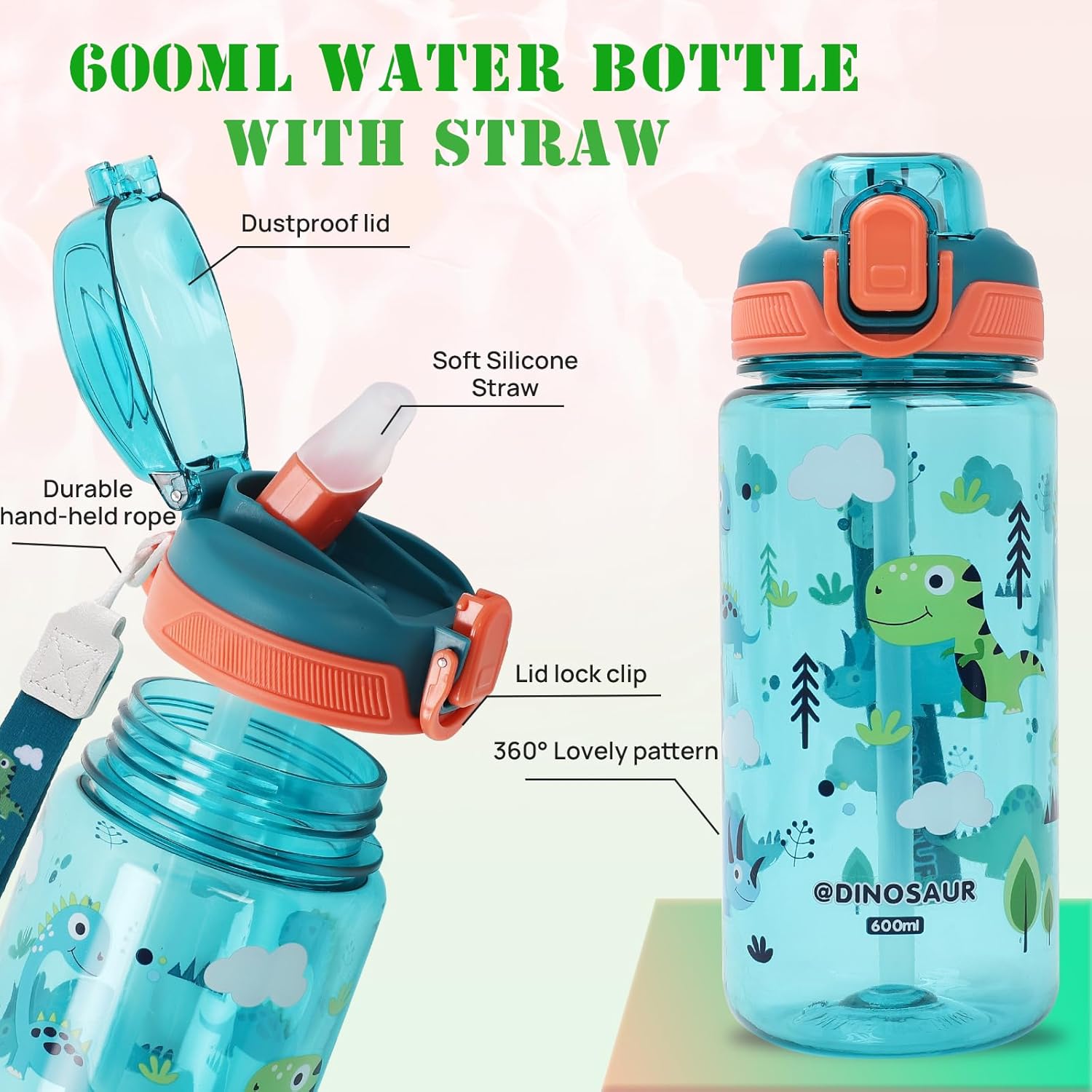 Kids Water Bottles With Straw,600ml Toddler Drinks Bottle for School,Leakproof Children's Bottle BPA free Tritan Sport Bottle for Girls Boys (Blue-Whale)