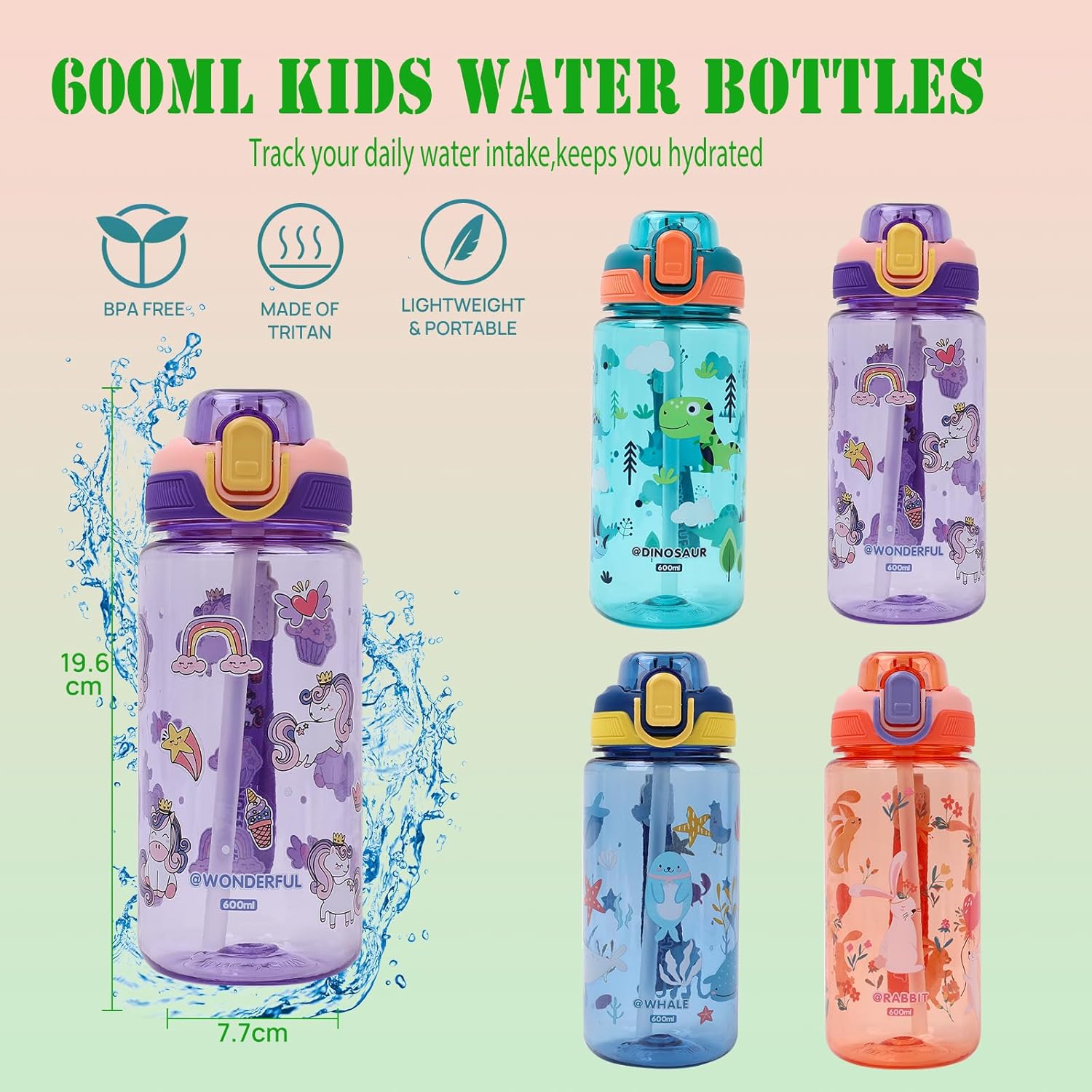 Kids Water Bottles With Straw,600ml Toddler Drinks Bottle for School,Leakproof Children's Bottle BPA free Tritan Sport Bottle for Girls Boys (Blue-Whale)
