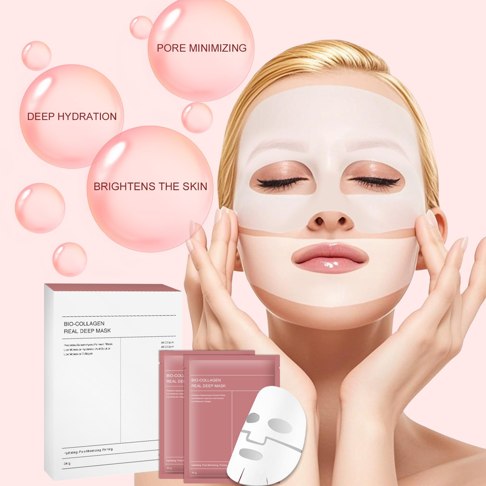Bio-Collagen Real Deep Mask Anti-Wrinkle Lifting Face Mask With Hydrolyzed Collagen Collagen Reverse Film Volume Peel Off Mask (4Pc)